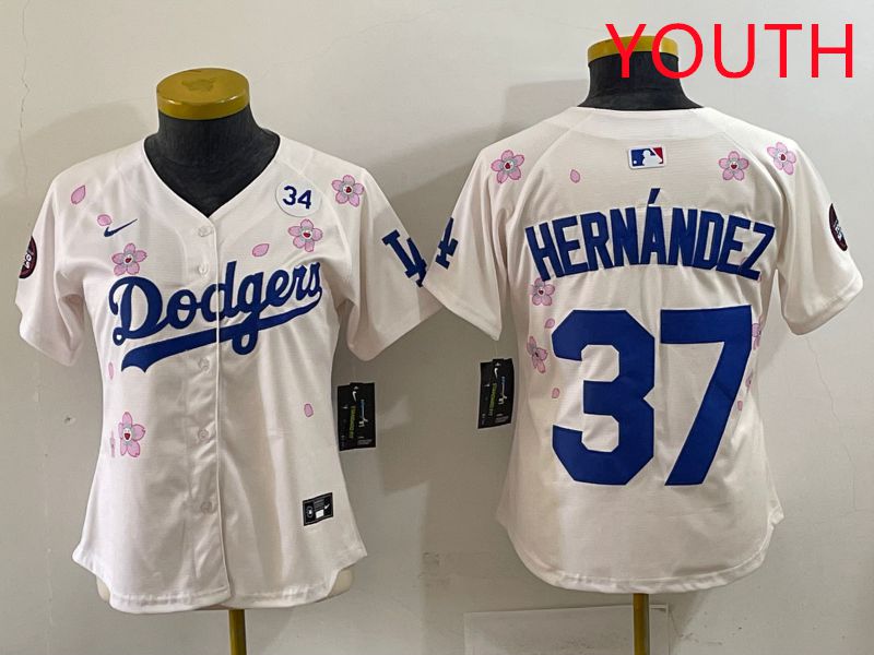 Youth Los Angeles Dodgers #37 Hernandez Cream Sakura Edition 2025 Nike MLB Jersey style 38->youth mlb jersey->Youth Jersey